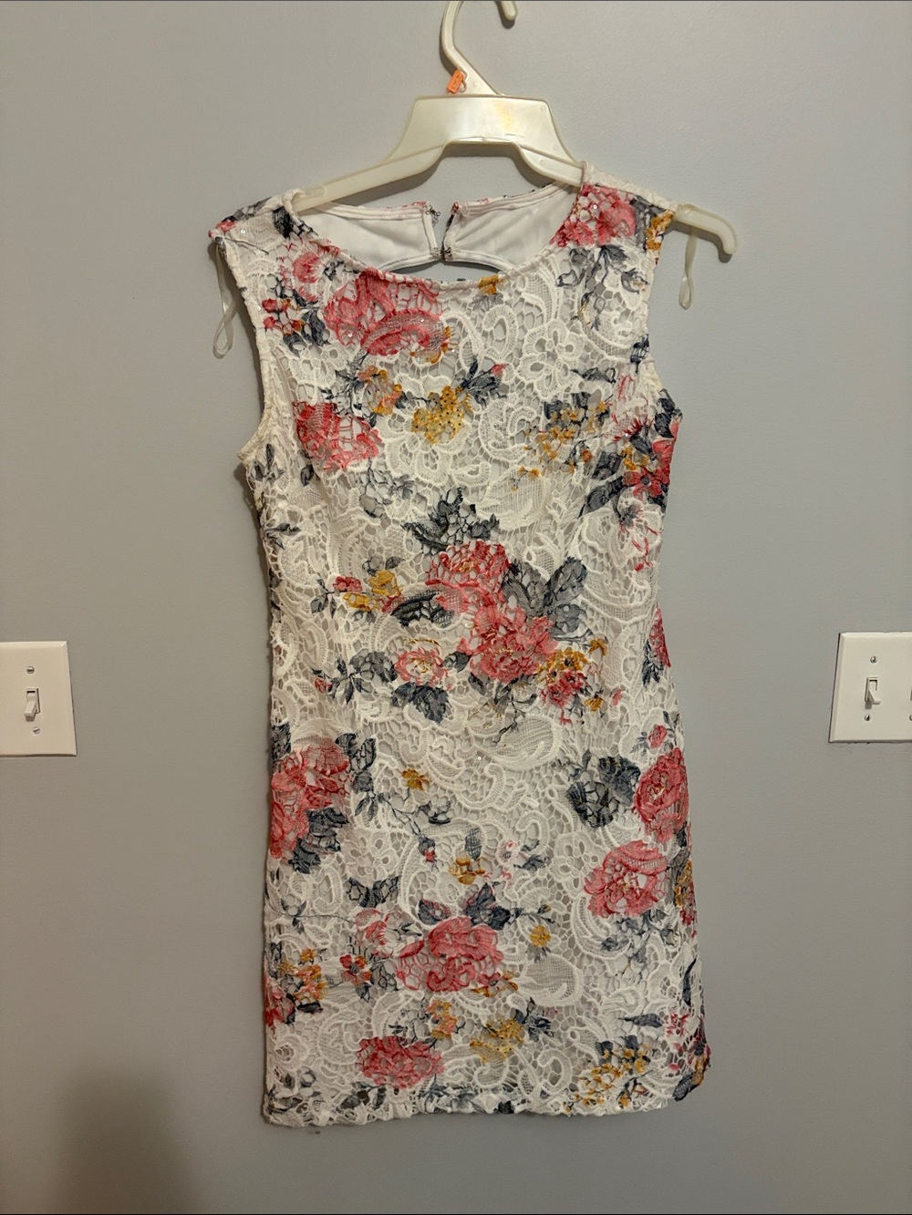 MARINA White Lace Mini Dress with Pink & Yellow Floral Print